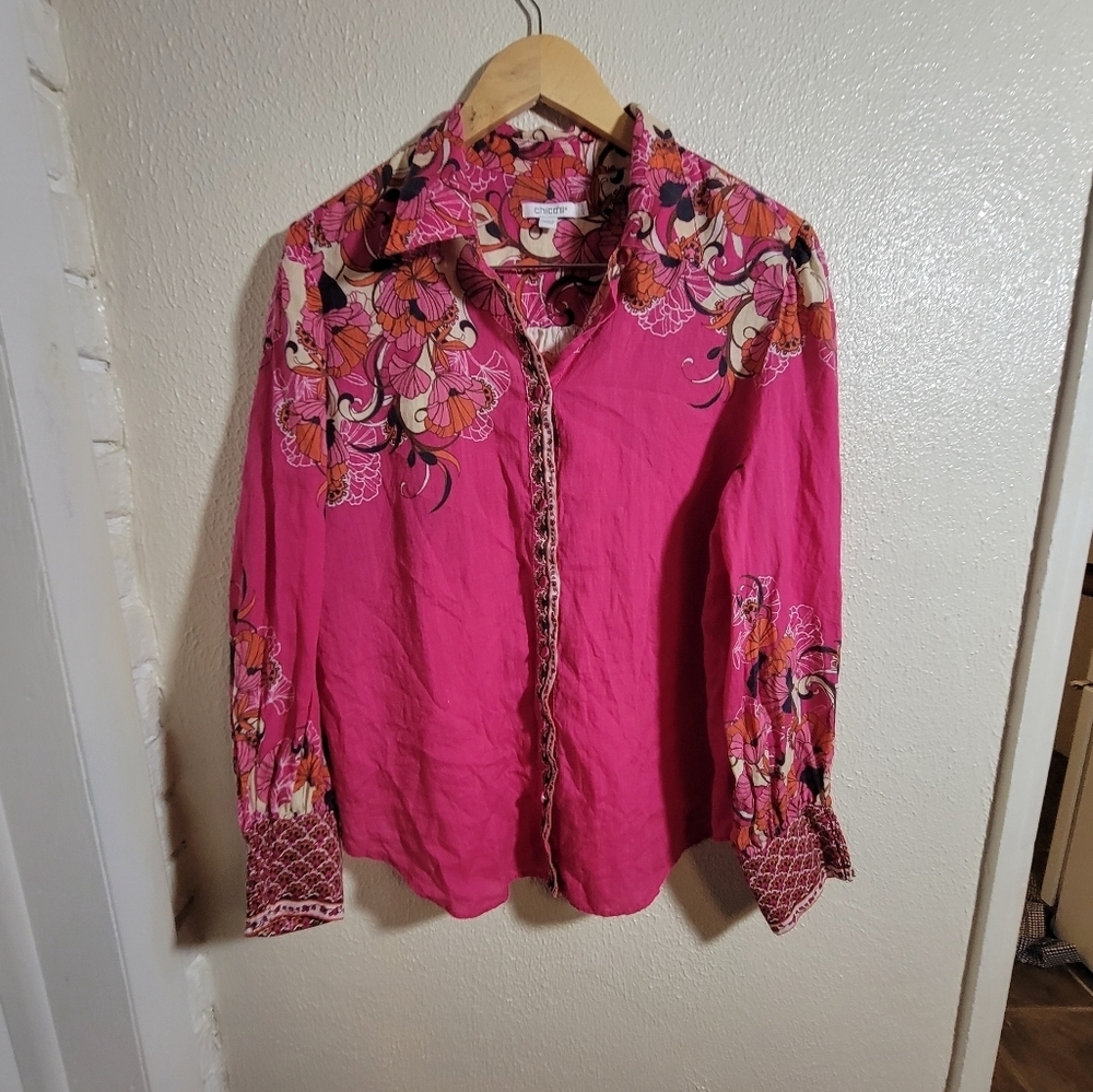 Chico's Linen Ramie Puff Sleeve Button Down Blouse sz 3 L/XL Pink Orange